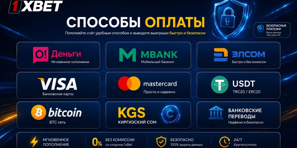 1xBet Кыргызстандагы төлөм ыкмалары — MBank, O!Деңги, Элсом, Visa, Mastercard