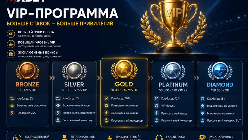 1xBet VIP программасынын деңгээлдери — Bronze, Silver, Gold, Platinum, Diamond