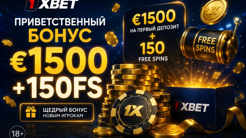1xBet Welcome пакет €1500 жана 150 free spins баннери